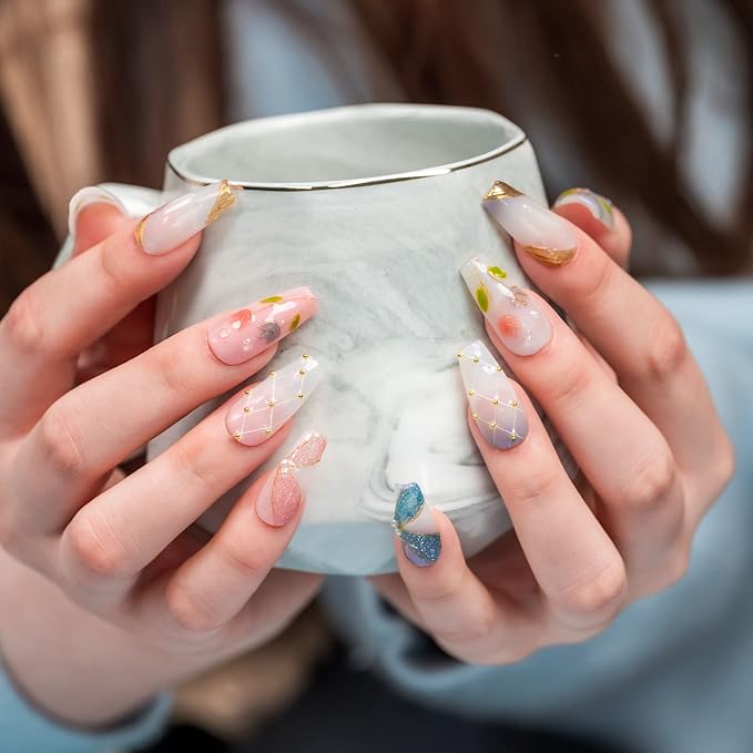Sun&Beam Nails Handmade Long Coffin Ballerina White Pink False Nail Tips with Cute 3D Gold Pearl Popular Charm Design Press On Nails 10 Pcs (#56 L) (FN-HM-056-L.AU)