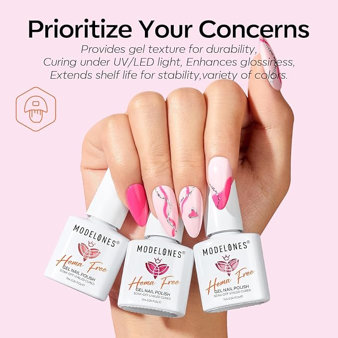 modelones Pink Gel Nail Polish Set,Hema-Free Light Pink White Hot Pink Gel Polish Kit Magenta Purple Shimmer LED 6 Colors 2026 Spring Easter Nail Art Gift Salon DIY Starter Kit