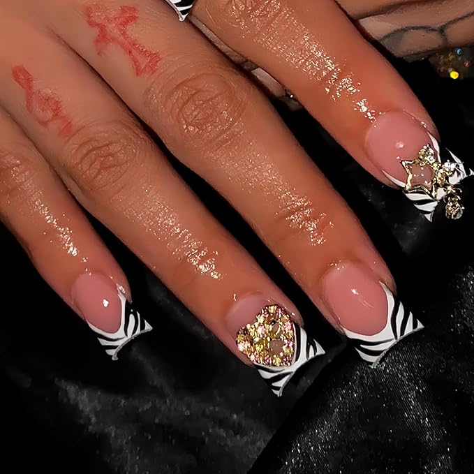 Black White Nail Press ons French Tip Fake Nails Heart Star with Design Duck Glue on Nails Stripe False Nails Glossy Reusable Artificial Acrylic Full Cover Stick on Nails for Women Manicure 24Pcs
