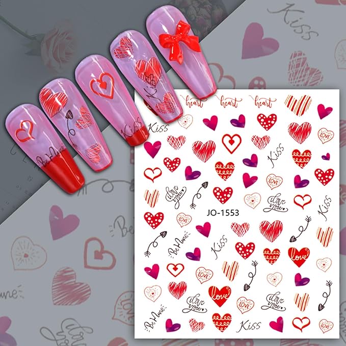 12 Sheets Valentine's Day Nail Sticker for Nails Art 3D Embossed Self-Adhesive Pink Red Love Heart Lips Valentine's Day Nail Decal Design Supplies for Women DIY Manicure Art Decoration YX1241
