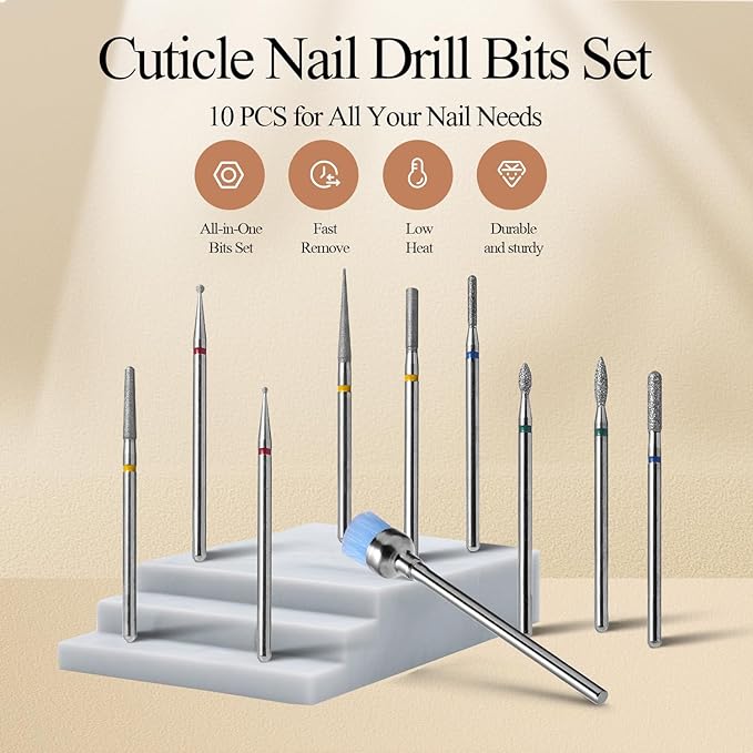 Diamond Nail Drill Bits Set 10Pcs - Safety Cuticle Bit for Beginners, 3/32 Inch E-File Nail Bits for Russian Manicure Prep, Ball Flame Needle Bits for Nail Tech, Gentle Efile Bits for Acrylic Gel Nail