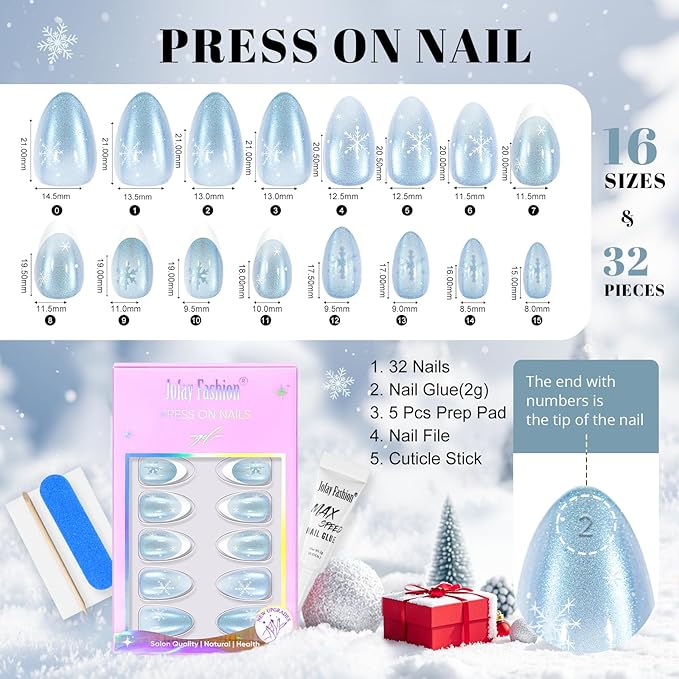 Winter Press On Nails Almond - Jofay Fashion Blue Aurora Cat Eye Snowflake Press On Nails, Acrylic Fake Nails with Glue, Reusable Soft Gel Glue On Nails for Women in 16 Sizes, Stick On Nails Kit