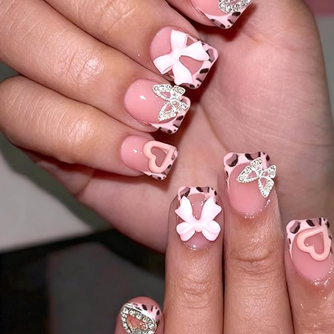 6 Packs (144 Pcs) | Reusable Press on Nails | Stick on Nails 12 Sizes-6 Styles | 3D Bow