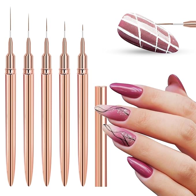 WOKOTO 5 Pcs Gold Nail Art Liner Brushes Painting Nail Art Brush Set Nail Dotting Drawing Tool For Long Lines Thin Details Fine Drawing Sizes 5/8/12/15/20mm Liner Brushes With Metal Penholder