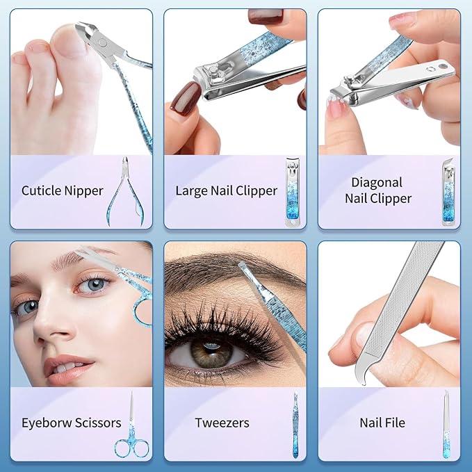 Nail Clippers Set Fingernail and Toenail Clipper Cutters, Professional Manicure Pedicure Kit 18Pcs, Nail Care Grooming Tools with Luxurious Travel Case (Diamond Blue)