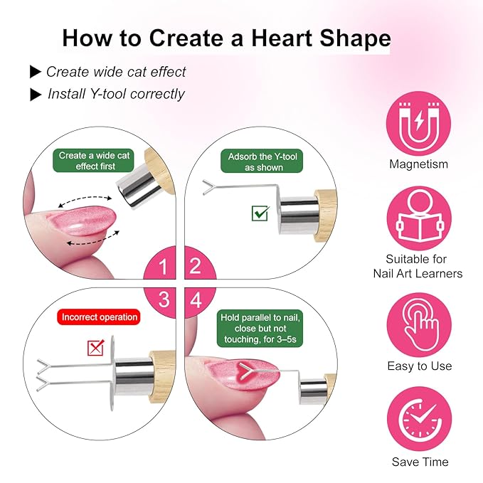 4-in-1 Cat Eye Nail Magnet Tool with Heart Shape, Magnetic Nail Art Pen Stick for 3D Cat Eye Gel Polish, DIY Nail Art Design, Salon and Home Manicure Supplies