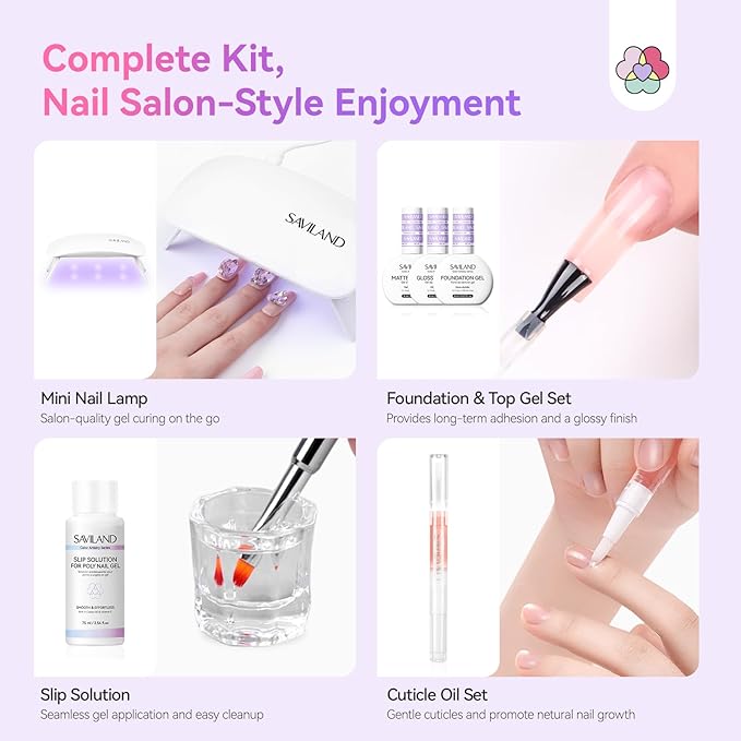 SAVILAND Hema-Free Poly Gel Nail Kit: 36 Poly Gel Nail Colors with Slip Solution Mini U V Lamp Curing Light All-in-1 Starter Kit Manicure Set Supplies Tools for Quick Extension Home Salon DIY