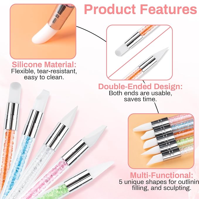 5PCS Silicone Nail Tools - Dual Tipped Sculpture Tool Chrome Applicator for Sculpting & 3D Nail Gel,Polish, Resin, Chrome Nail Powder for Design,Drawing,Shaping,Dotting Manicure Must Have