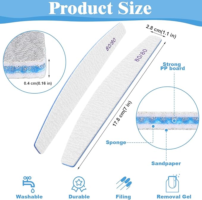 200 Pcs 80/80 Grit Nail Files, Reusable Nail File Double Sided Emery Boards for Acrylic and Gel Nails, Professional Fingernail File Manicure Tools for Salon Pedicure Beauty (Sector)