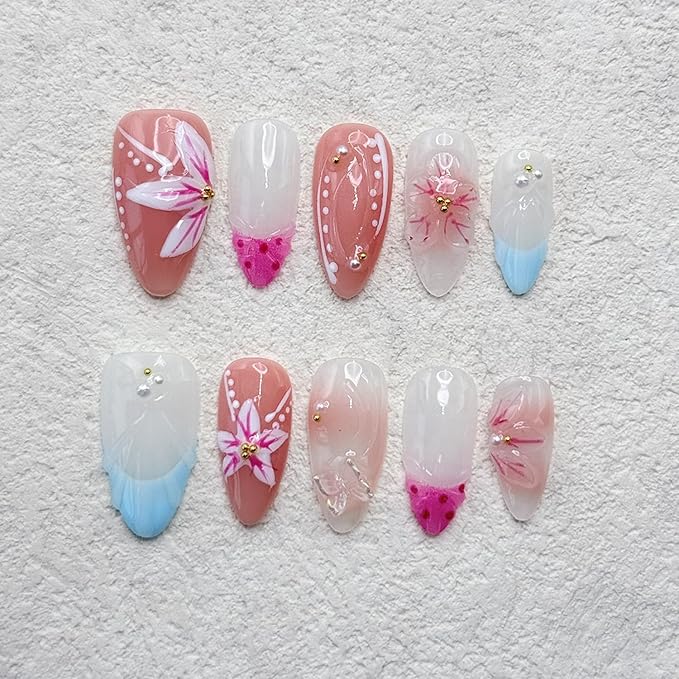 10 Pcs French Fake Nails Almond Medium Handmade Press on Nails with 3D Colorful Butterfly Flower Pearl Design Artificial Shell Shape Acrylic Full Cover Hand Made Press on Nail for Women（Size M）