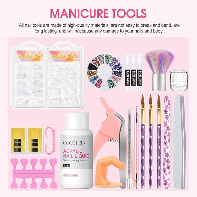 COSCELIA Acrylic Nail Kit with Everything, Professional Acrylic Powder Glitter Decoration Powder Extension Nails Art Kit Rhinestones Manicure