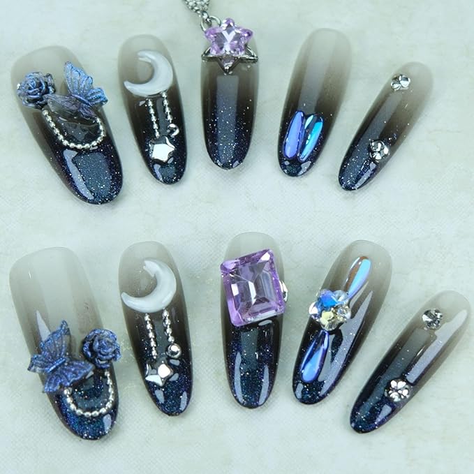 Almond Press On Nails Medium Fake Nails Handmade False Nails Flashing Crystal Butterfly Nail Charms With Designs,Acrylic Nail Kit Gel Nails,Reusable Stick on Nails for Women 10pcs S