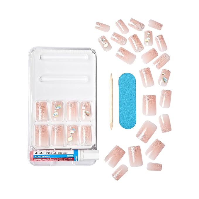 KISS Gel Fantasy Allure Press On Nails, Ready to Wear, 3D Design, Waterproof, Pink Gel Nail Glue 0.07 Oz. (2g), Manicure Stick & Mini File, 28 Count