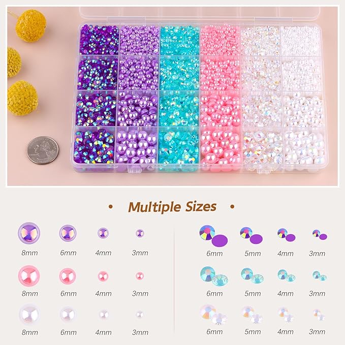 14000PCS Flatback Pearls and Rhinestones for Bedazzling Kit, Pink Purple 3-10mm Resin Rhinestones and Half Pearls for Crafting, Nail Art Crafts Decor with 3pcs B7000 Jewelry Glue