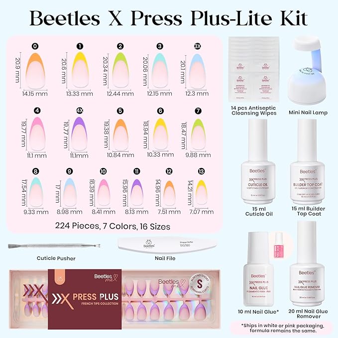 Beetles X Press Summer Nails Kit: Short Almond French Tip Press On Nails Kit With 7 Colors 224Pcs Rainbow Nail Tips Nail Glue & Builder Top Coat Mini UV Light, All-in-One DIY Gift For Women 16 Sizes