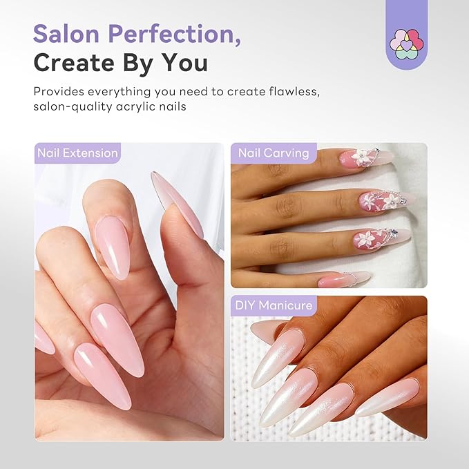 SAVILAND Acrylic Nail Kit for Beginners: Clear Pink Nude Acrylic Powder and Liquid Set with #12 Nail Brush File Forms Dappen Dish for Acrylic Nails Extension & 3D Carving Home DIY Salon Manicure