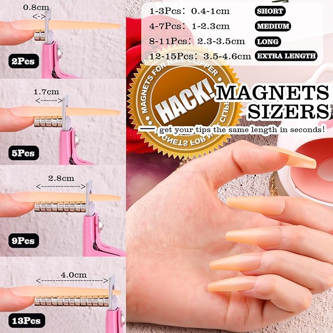 Light Pink Metal Premium Adjustable Nail Clippers with Magnet Sizers for Acrylic Nails, Professional Stainless Steel Fake False Nail Tip Clipper Cutter Trimmer, Manicure Tool for Salon Home Nail Art