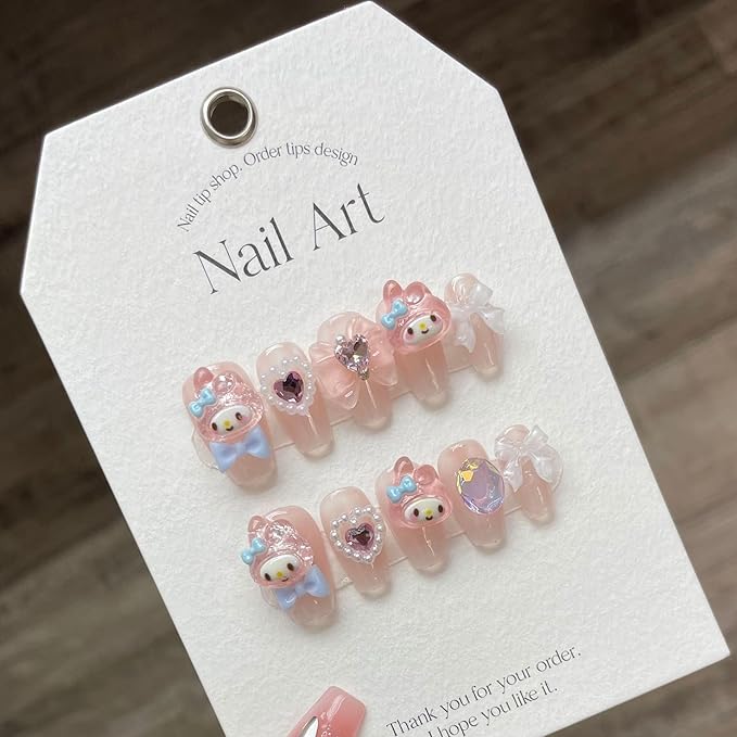 Thick Gel Press On Nails,Pink Acrylic Handmade Square Fake Nails, Reusable Cute Rabbit Kawaii Luxury Glue On Nails Set With Application Tools,10 pcs Size L,#949