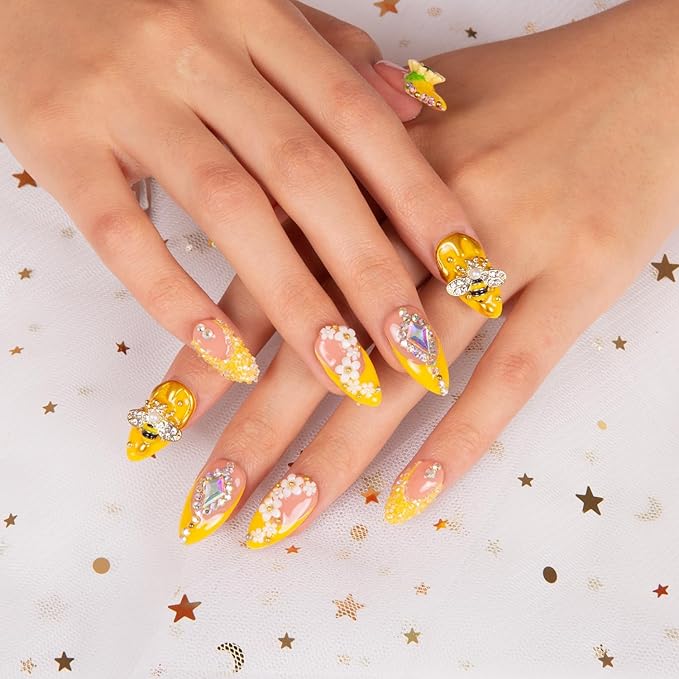LOVFUL Press on Nails Honey Bee Yellow | Handmade with Full Covered Crystals | Reusable Fake Nails | Almond Regular 1.0 in | H101-L