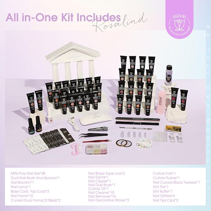 ROSALIND Poly Nail Gel Kit -38 Classic Colors +72 Nail Art Accessories kit Clear Nude Christmas Poly Nails Gel Kit Starter Kit with Mini UV Lamp Slip Solution Basic Tools for Beginners with Everything