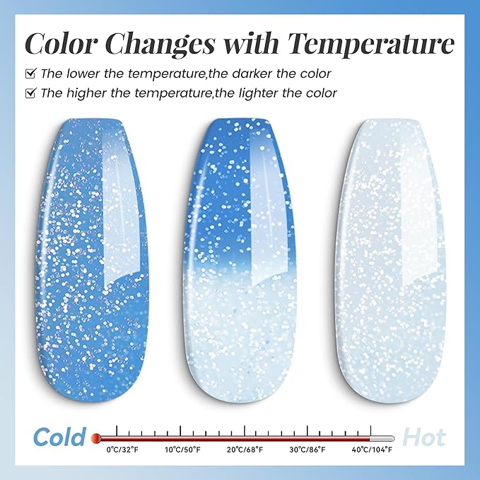 YTD Likomey Color Changing Gel Nail Polish,15ml Silver To Light Blue Glitter Mood Temperature Change Colors Ombre Thermal Salon Home Fall Winter Manicure UV Nails Varnish,WB05