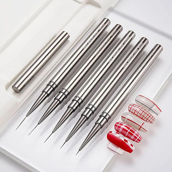 SILPECWEE 5pcs Nail Liner Brush (6,9,12,15,18mm) Thin Nail Art Brush Finger Nail Paint Brush Nail Detail Brush Nail Design Brushes Nail Pen Acrylic Manicure Brush Tools