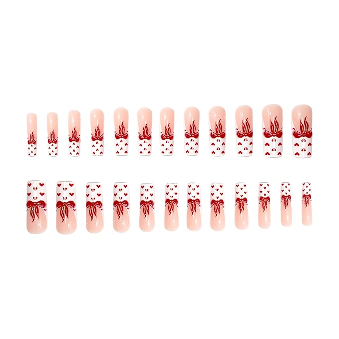 24Pcs Valentines Day Press on Nails Long Square Fake Nails Petite Red Heart False Nails with Cute Red Embossed Bow Designs White French Tips Nails Press ons Glossy Mini Heart Acrylic Nail for Women