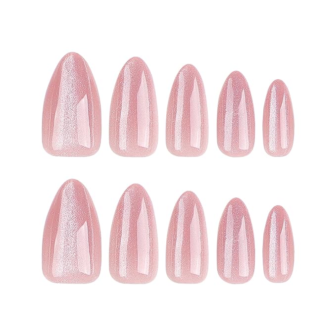 Almond Press on Nails Medium - Pink Fake Nails with Glitter Design - Glossy False Nails Full Cove Stick on - for Women 24 Pcs