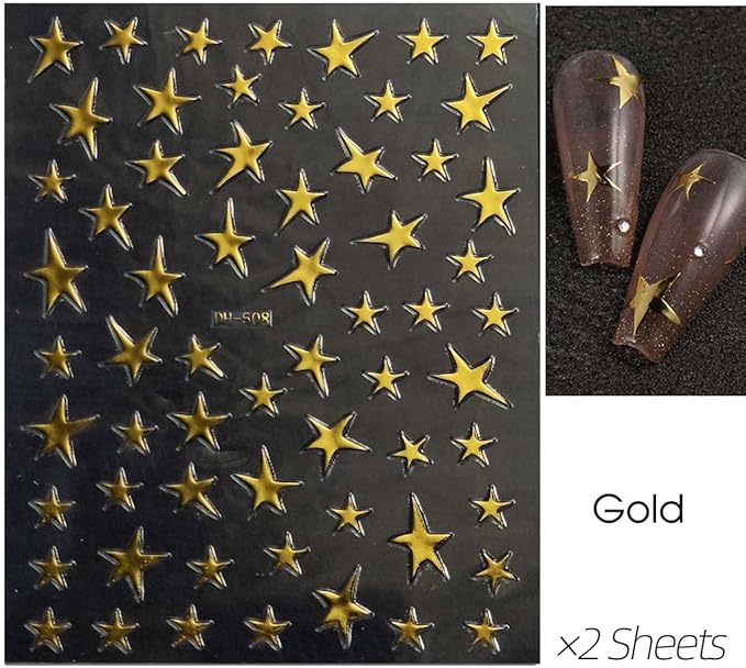 14 Sheets Star Nail Art Stickers, 7 Colors 3D Self-Adhesive Nail Decals with Gold Silver Black White Blue Pink Holographic Stars, 4th of July DIY Manicure Accessories for Women & Girls