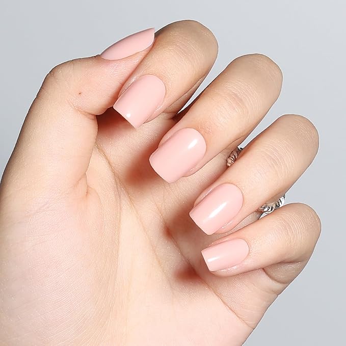 Press on Nails Short - Square Nails Press ons for Women, Reusable Glossy Nude Pink Glue On Nails 30 Pcs 15 Sizes Fake Nails Kit with Glue, Soft Blush