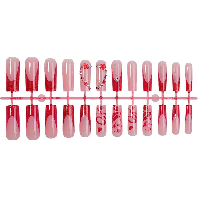 Long Press on Nails Square Fake Nails Red Artificial Nail SEENEEY Heart Love Rhinestones Cute Stick on Nail for Women 24pcs