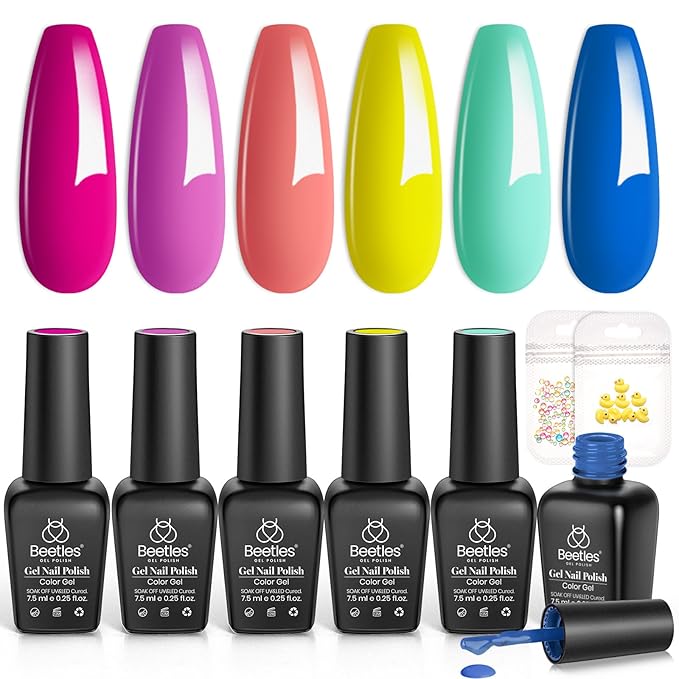 Beetles Spring Gel Polish Set - 6 Colors Peach Coral Orange Blue Pink Green Gel Nail Polish, Soak Off UV Manicure Kit DIY Nail Art for Women Pool Party Holiday