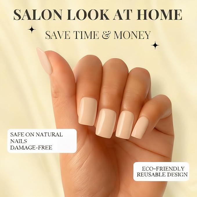 Acrylic Press On Nails Square Short - Nude Peach No Glue Soft Gel Nail Tips for Girls, Flexible Fit Feels Natural for Everyday, Damage & Chip-Free, 24 Nails in 12 Sizes with File