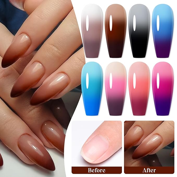 MEET ACROSS 8Pcs Color Changing Gel Nail Polish Set Fall Winter Nude Brown Grey Temperature Mood Changed Gel Polish Blue Pink Nail Art Design Gifts for Women Girls