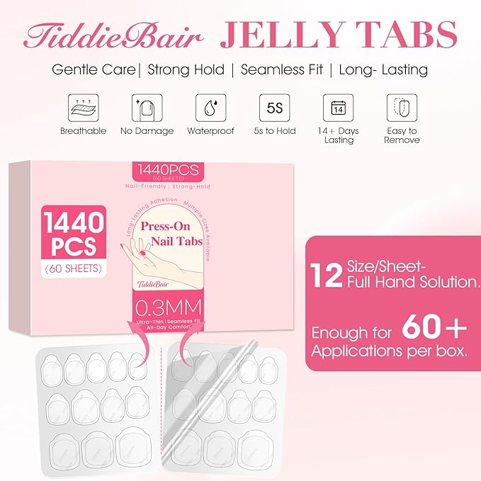 1440pcs Strong Hold Adhesive Nail Tabs for Press On Nails –60 Sheets 1440pcs 12 Sizes, 0.3mm Ultra Thin Waterproof Breathable Nail Glue Stickers, Daily Wear and Gentle Removal