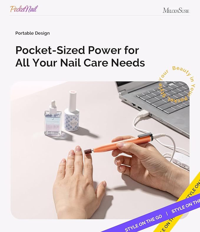 MelodySusie PocketNail Slim Ergonomic Pen-Shaped USB Nail Drill, PC100G 20000RPM Portable Electric File for All Manicure, Pedicure Nail Care, Shaping & Gel Removal at Home for Beginners