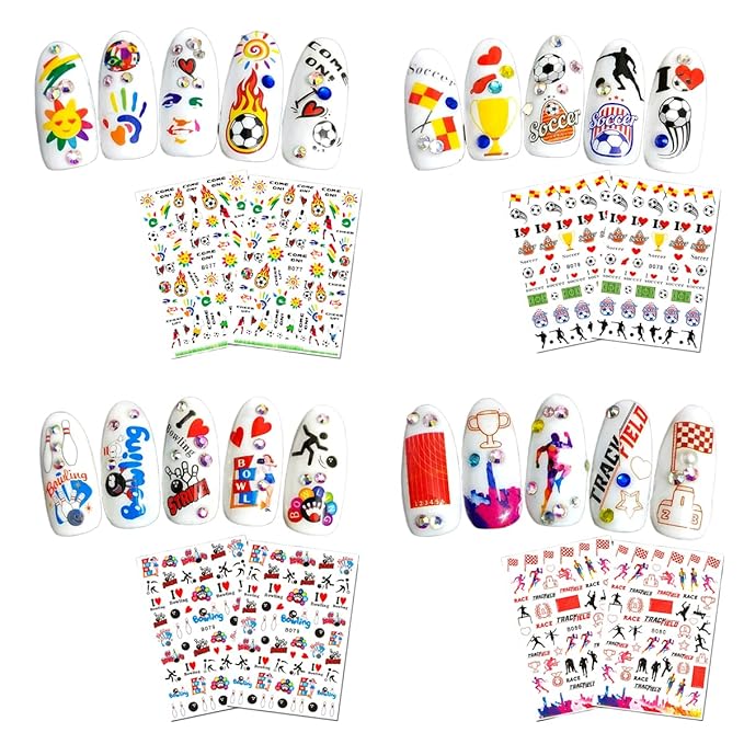 CHANGAR Football Sports Nail Art Decals - Basketball, Soccer, Cheerleading, Flag, Bowling, Rugby, Ballet - 16 Sheets