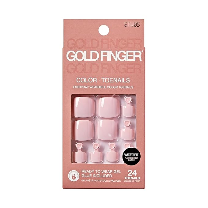 GoldFinger 24 Pcs Press On Toenails, Wide Fit Fake Nails, Baby Pink Gel Stick On Extensions, Reusable DIY Pedicure False Nail Kit with Glue, Cuticle Stick & File, 7 Day Long Lasting Wear