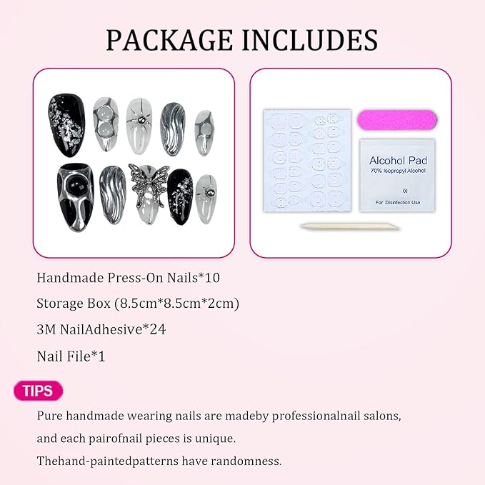 Black Press on Nails Medium Almond Fake Nails with 3D Metal Butterfly Irregular Silver Design Handmade Muti-Layer Gel False Nails Sequin Full Cover Artificial Nails Stick on Nail for Women (S)