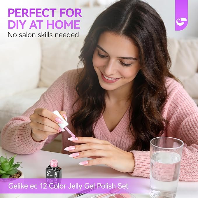 Gelike EC Jelly Color Gel polish: 12 Nail Gel Colors Set with Hema Free Formula Easy to Use On Natural or Acrylic Nails for Teens and Young Women Manicure DIY Home - Valentine & New Year Gift