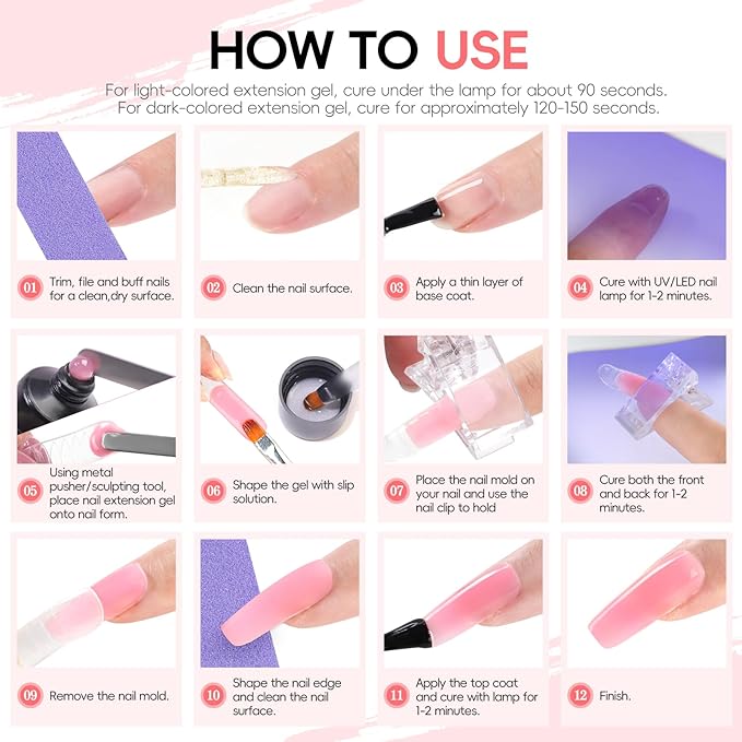 PEACECOLOR 24PCS Poly Nail Gel Kit with U V Light 6 Colors Pink White Clear Nude Glitter Nail Extension Gel with Base Glossy & Matte Top Coat Slip Solution Starter Manicure Kit for Women Beginners