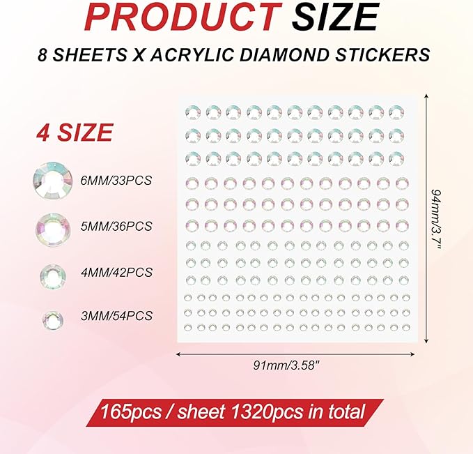 PATIKIL 1320 Pcs Acrylic Gem Sticker, 4 Size 3/4/5/6mm Self Adhesive Rhinestones Face Gem Stones Bling Jewelry for Nail Art Craft Clothes DIY Makeup Decoration Party, AB Rainbow Color