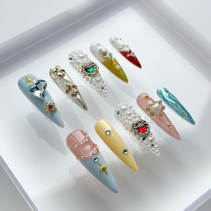 Luxury Press on Nails Long Stiletto Handmade 3D Unique Reusable ABS Material Fake Nails Full Rhinestones False Nails with Designs Flower Heart Charms Glossy Glue on Nail Thick Acrylic Nail(M)