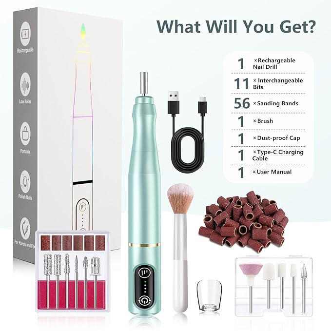 Cordless Nail Drill Electric Rechargeable File Kit, Professional Efile Acrylic Gel Nail Polish Remover Pedicure Manicure Machine Portable Set with 11 Bits 56 Sanding Bands (Mint Green)
