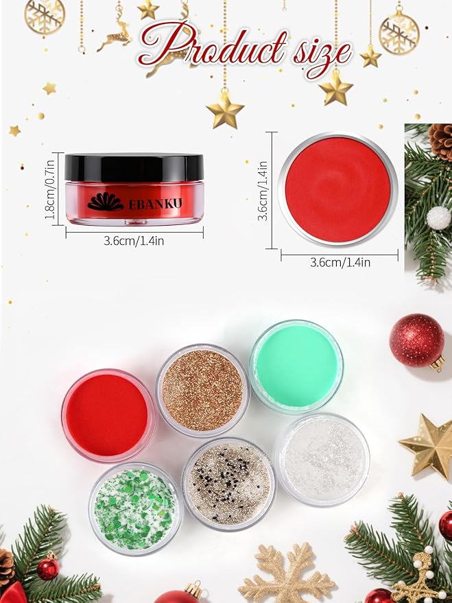 EBANKU Acrylic Powder, 6 Colors Acrylic Nail Powder Red Green White Gold Glitter Acrylic Powder for Nail Extension French Nail, Long-Lasting, No Nail Lamp Needed, 0.35 oz