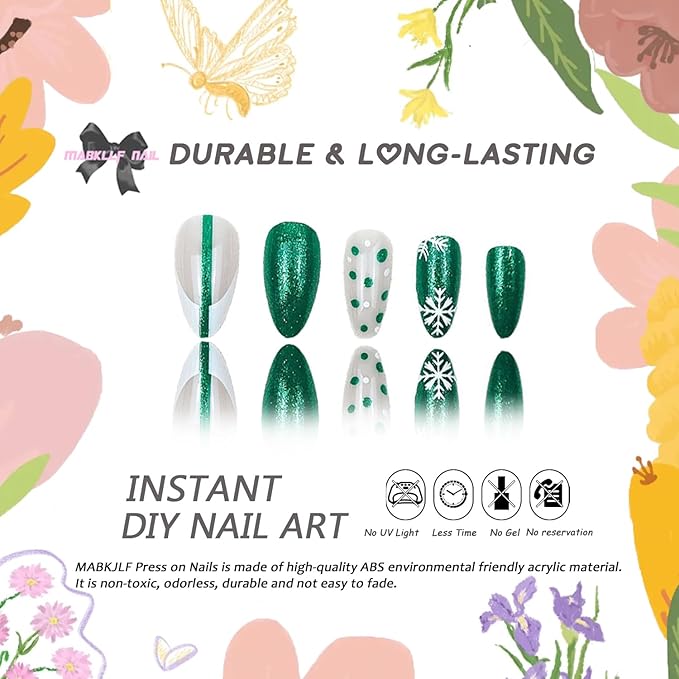 Christmas Press on Nails Medium Almond MABKJLF French Tip Fake Nails False Nails with Snowflake Bow Green & White Polka Dots Glitter Designs Glossy Glue on Nail Acrylic Nails for Women Girls 24Pcs