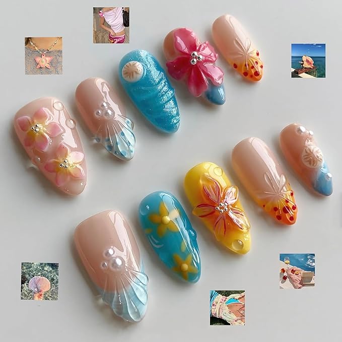 Luxury Press on Nails Medium Almond French Tip Handmade 3D Unique Reusable ABS Material Fake Nails Beach False Nails with Designs Summer Floral Art Petal Glossy Glue on Nails Thick Acrylic Nails(S)