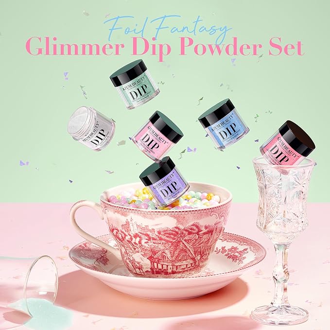 AZUREBEAUTY Dip Powder Nail Set, Clear Pink Coral Violet Blue Green Pastel Shades with Sparkling Aluminum Foil, 6 Colors Dipping Powder Starter Kit Nail Art Manicure Salon, No Need Nail Lamp Cured