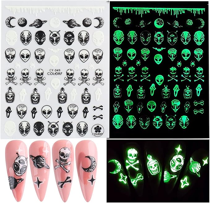 Alien Nail Art Stickers: 3D Astronaut Space Alien UFO Rocket Earth Moon Star Nail Transfer Decals - Luminous Self-Adhesive Sticker Designs for Women & Girls Manicure Tips Decorations