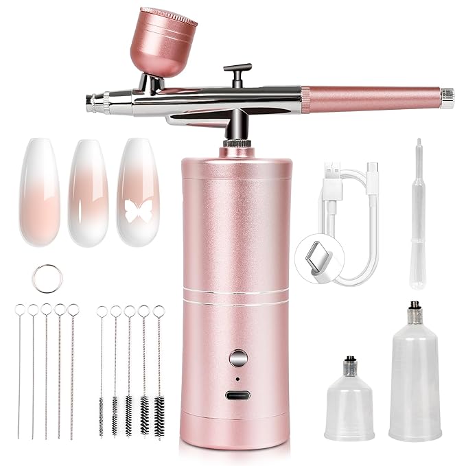 SAVILAND Salon-Grade Airbrush Kit: 25 PSI Super-Stable, Rechargeable Nail Art Machine with 0.3mm Nozzle & Dual Modes - Professional Tool for Gel Nails, Ombre & French Manicure at Home (Pink)